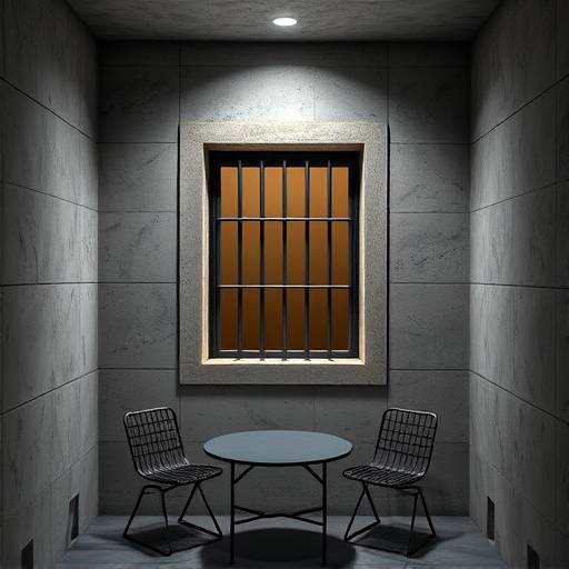 Una celda de alta seguridad en una prisi칩n de Estados Unidos, con paredes de concreto reforzado, una ventana peque침a y barrotes de acero. El mobiliario es m칤nimo y de metal.