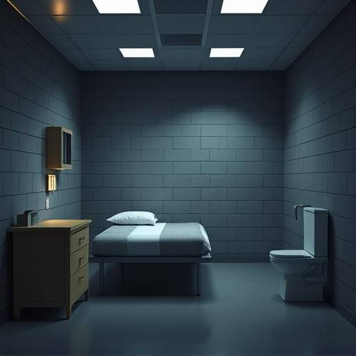 Una representaci贸n 3D de una celda de prisi贸n moderna con cama, escritorio y ba帽o.